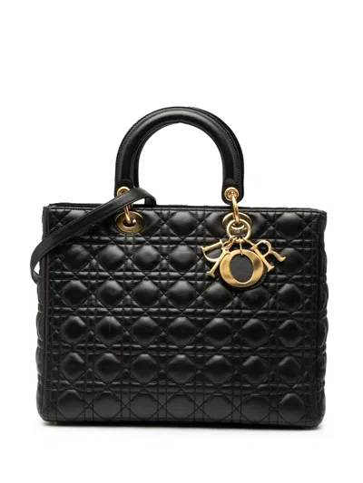 Pre-owned Dior 2000 Large Lambskin Cannage Lady  Satchel In Black