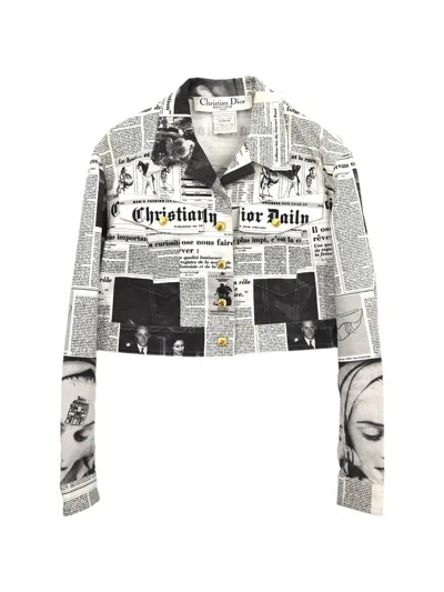 Pre-owned Dior 2000 Newspaper-print Cropped Jacket In White