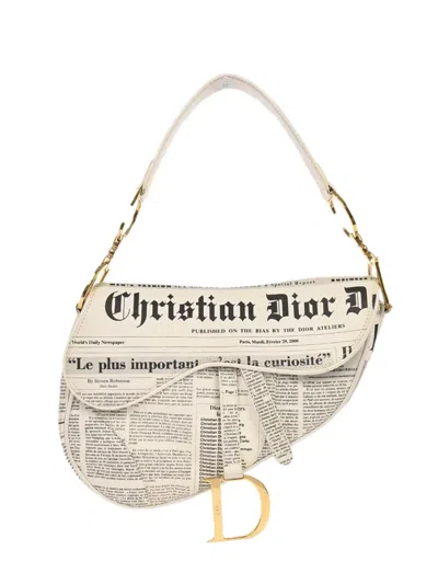 Pre-owned Dior 2000 Saddle Newspaper-print Handbag In White
