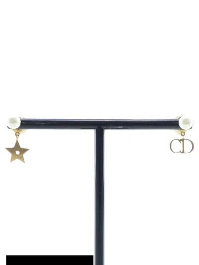 Pre-owned Dior 2000-2025 Gold Plated Faux Pearl Logo And Star Tribales Drop Push Back Earrings Costume Earrings In White