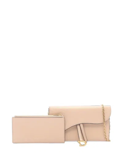 Pre-owned Dior 2000-2026 Calfskin Saddle Wallet On Chain Crossbody Bag In Neutrals