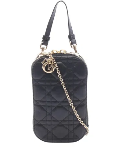 Pre-owned Dior 2000-2026 Lambskin Cannage Lady  Call In Phone Holder Satchel In Black