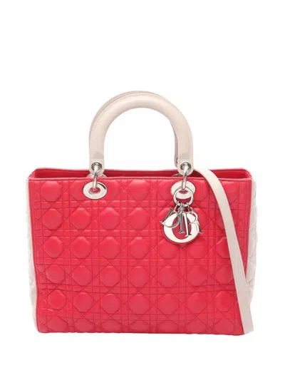 Pre-owned Dior 2000-2026 Large Bicolor Lambskin Cannage Lady  Satchel In Red