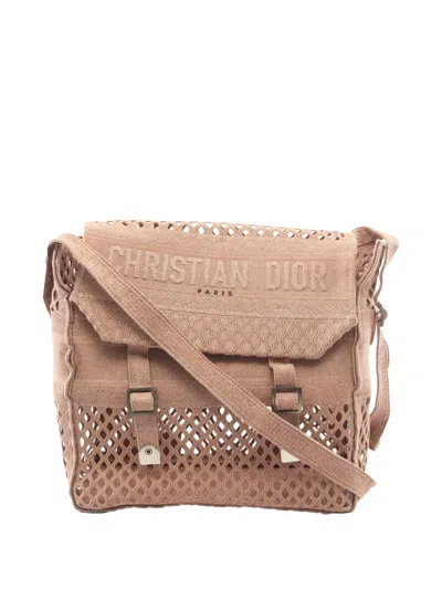 Pre-owned Dior 2000-2026 Large Embroidered Mesh Canvas Camp Messenger Bag Crossbody Bag In Brown