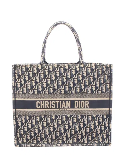 Pre-owned Dior 2000-2026 Large Oblique Embroidered Canvas Book Tote Bag In Blue
