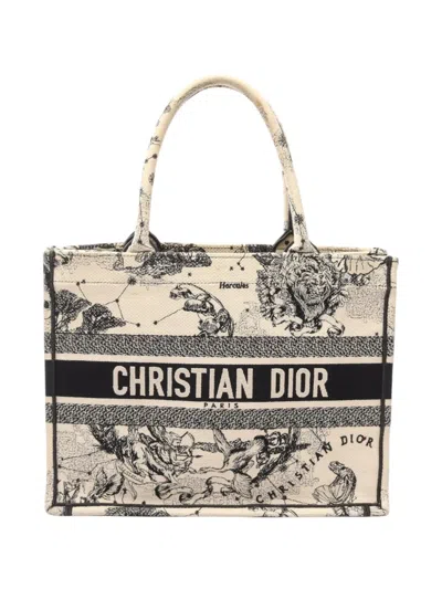 Pre-owned Dior 2000-2026 Medium Canvas Embroidered Zodiac Toile De Jouy Book Tote Bag In White