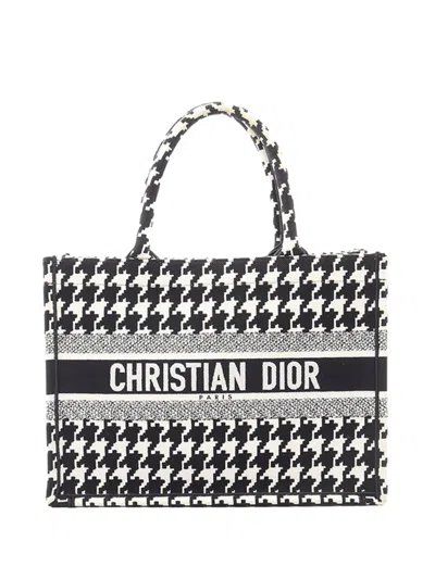 Pre-owned Dior 2000-2026 Medium Canvas Houndstooth Embroidered Book Tote Bag In Black