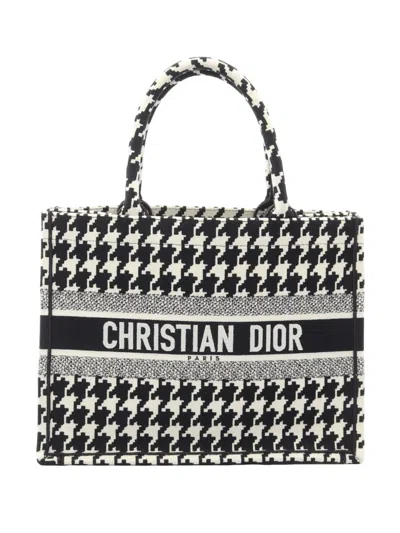 Pre-owned Dior 2000-2026 Medium Canvas Houndstooth Embroidered Book Tote Bag In Black