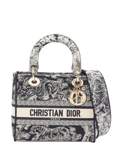 Pre-owned Dior 2000-2026 Medium Embroidered Canvas Toile De Jouy Lady D Lite Satchel In Blue