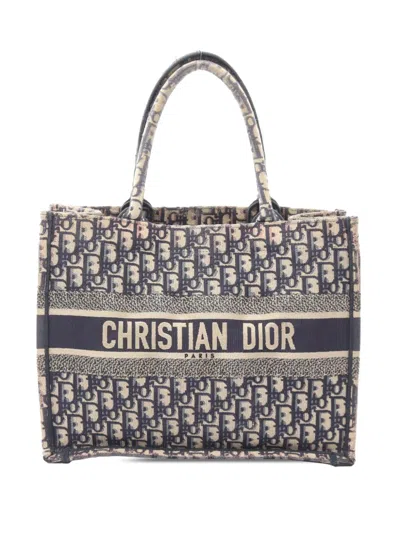 Pre-owned Dior 2000-2026 Medium Oblique Embroidered Canvas Book Tote Bag In Blue