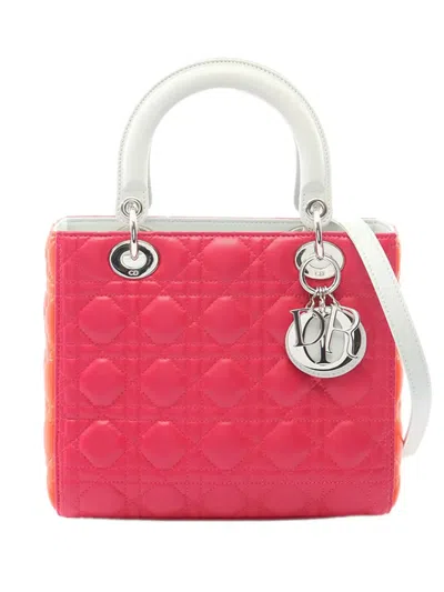 Pre-owned Dior 2000-2026 Medium Tricolor Lambskin Cannage Lady  Satchel In Pink