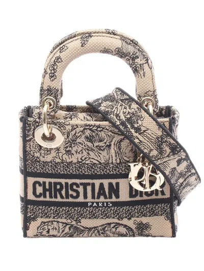 Pre-owned Dior 2000-2026 Mini Embroidered Canvas Toile De Jouy Lady D Lite Satchel In Neutrals