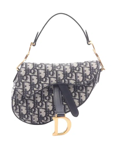 Pre-owned Dior 2000-2026 Mini Oblique Canvas Saddle Bag Satchel In Blue