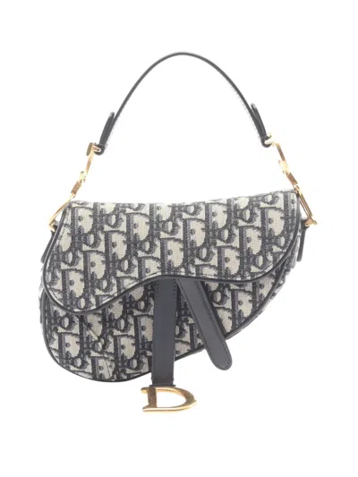 Pre-owned Dior 2000-2026 Mini Oblique Canvas Saddle Bag Satchel In Blue