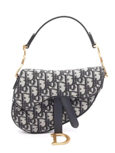 Pre-owned Dior 2000-2026 Mini Oblique Canvas Saddle Bag Satchel In Blue