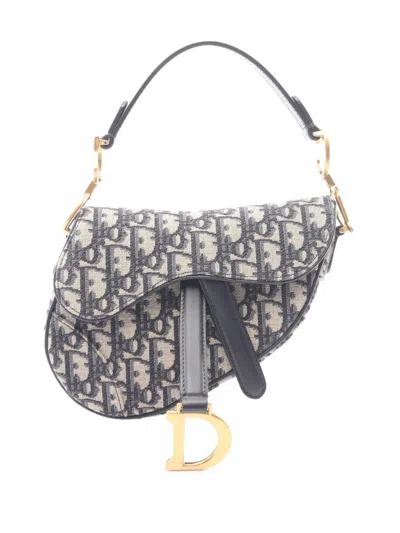Pre-owned Dior 2000-2026 Mini Oblique Canvas Saddle Bag Satchel In Blue