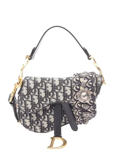 Pre-owned Dior 2000-2026 Mini Oblique Canvas Saddle Bag Satchel In Blue