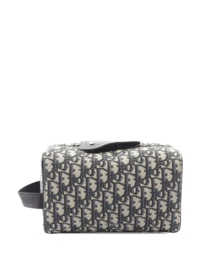 Pre-owned Dior 2000-2026 Oblique Canvas Lingot Toiletry Case Clutch Bag In Blue