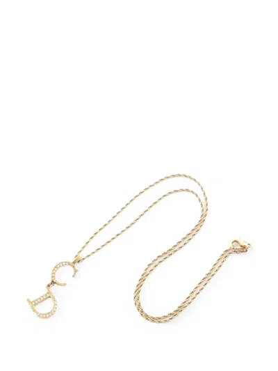 Pre-owned Dior 2000s Cd Logo Rhinestone Necklace In Gold