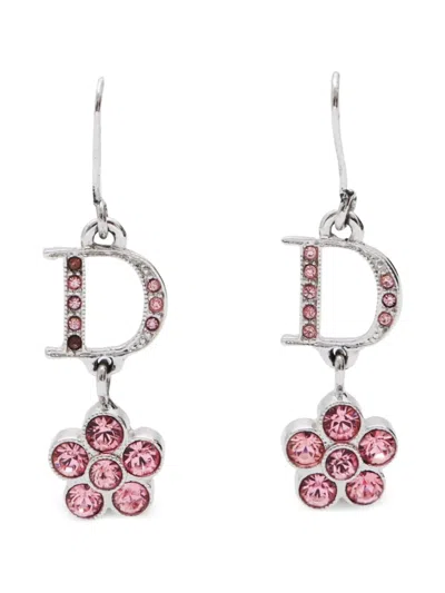 Pre-owned Dior 2000s Flower Drop Earrings In Silver