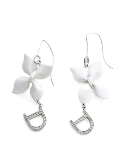 Pre-owned Dior 2000s Flower Earrings In White