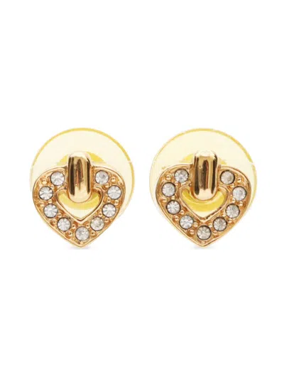 Pre-owned Dior 2000s Heart Rhinestone Stud Earrings In Gold