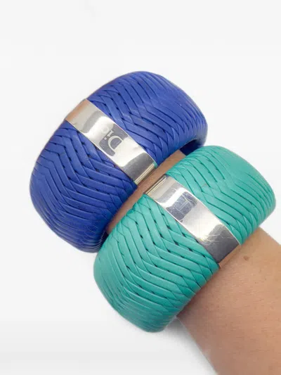 Pre-owned Dior 2000s Leather Weave Bangle Stack In Blue