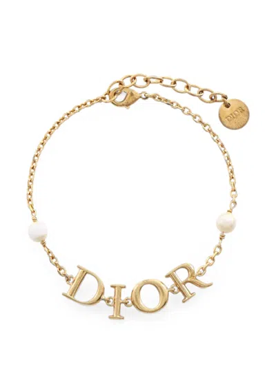 Pre-owned Dior 2000s Logo Faux-pearl Bracelet In Gold