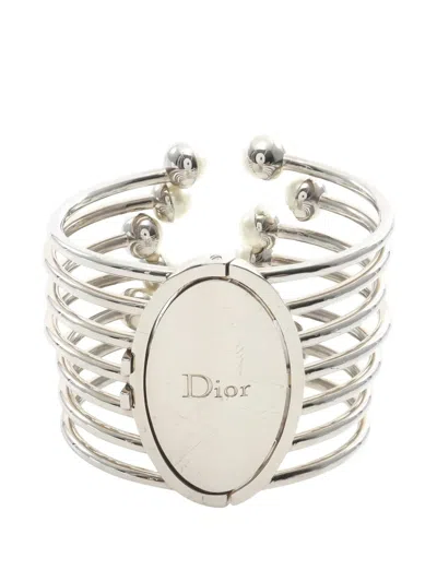 Pre-owned Dior 2000s Logo Pearl Bangle In Silver
