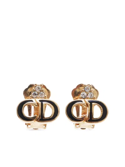 Pre-owned Dior 2000s Logo Rhinestone Clip-on Earrings In Gold