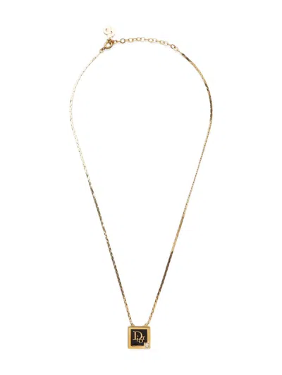 Pre-owned Dior 2000s Logo Rhinestone Necklace In Gold