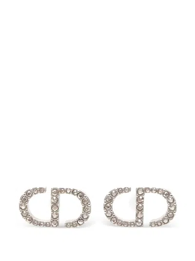 Pre-owned Dior 2000s Petit Cd Rhinestone Stud Earrings In Silver