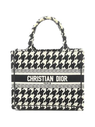 Pre-owned Dior 2000s Small Book Tote Houndstooth Tote Bag In Black