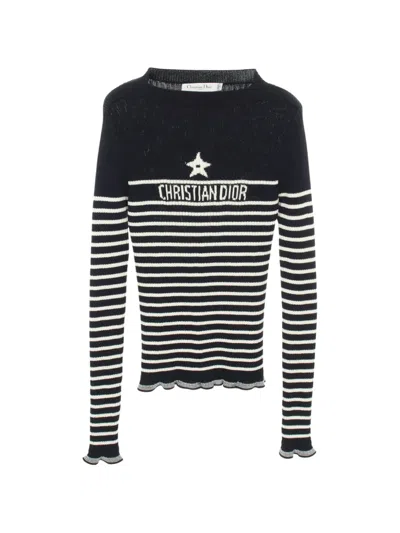 Pre-owned Dior 2000s Star Logo Striped Sweater In Blue