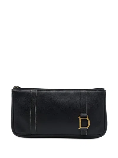 Pre-owned Dior 2001 Logo Grained Calfskin Clutch Bag In Black