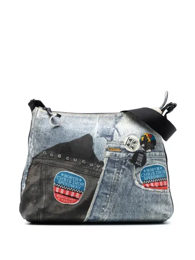 Pre-owned Dior 2001 Printed Denim Speedway Crossbody Bag In Blue