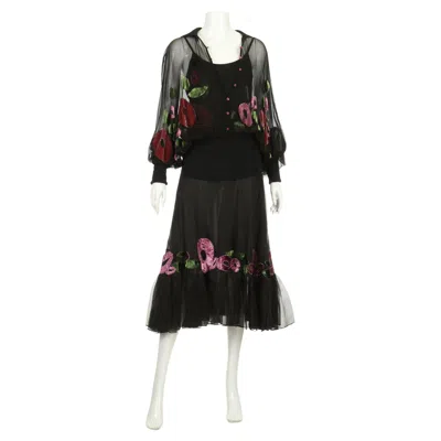 Pre-owned Dior 2002 Christian  By Galliano 3-piece Skirt & Blouse Set W/velvet Floral Motif In Black