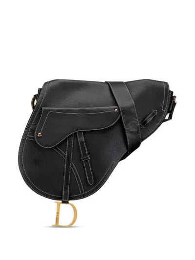 Pre-owned Dior 2002 Leather Baudrier Saddle Bag Crossbody Bag In Black