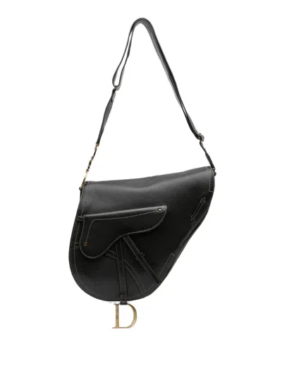 Pre-owned Dior 2002 Leather Baudrier Saddle Bag Crossbody Bag In Black