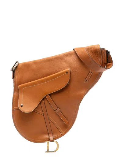 Pre-owned Dior 2002 Leather Baudrier Saddle Bag Crossbody Bag In Brown