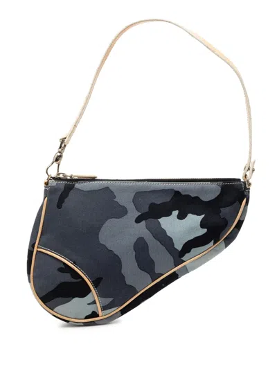 Pre-owned Dior 2002 Mini Canvas Camouflage Saddle Pochette Shoulder Bag In Blue