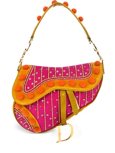 Pre-owned Dior 2002 Pompom-embellished Saddle Handbag In Pink