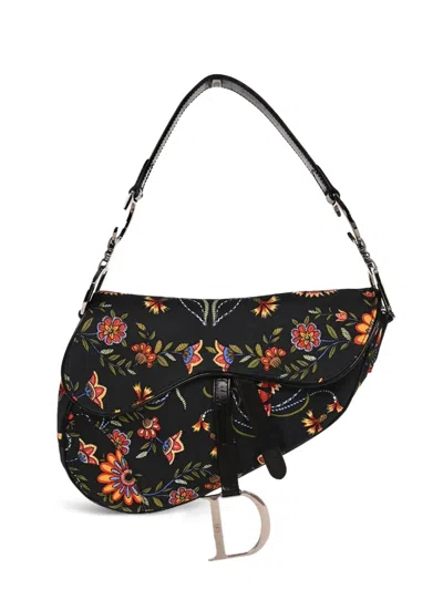 Pre-owned Dior 2002 Saddle Floral Tote Bag In Black