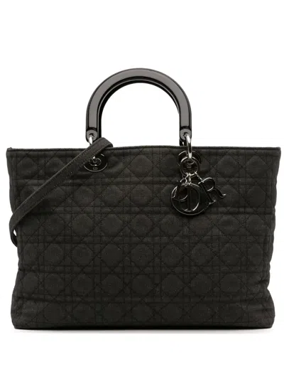 Pre-owned Dior 2003 Extra Large Denim Cannage Lady  Satchel In Black