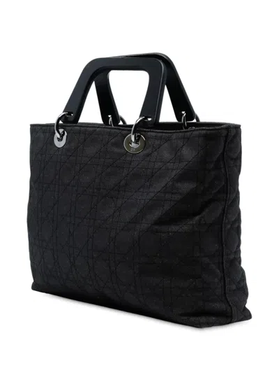Pre-owned Dior 2003 Extra Large Denim Cannage Lady  Satchel In Black