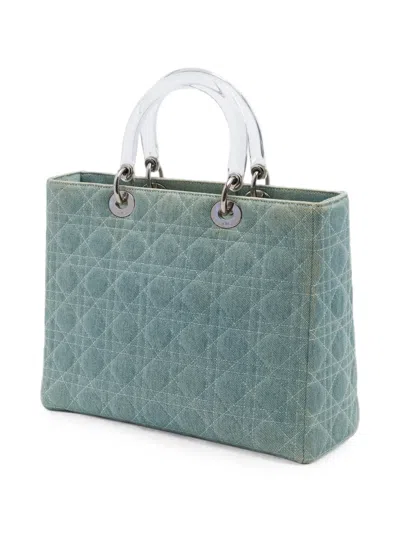 Pre-owned Dior 2003 Large Denim Cannage Acrylic Handles Lady  Satchel In Blue