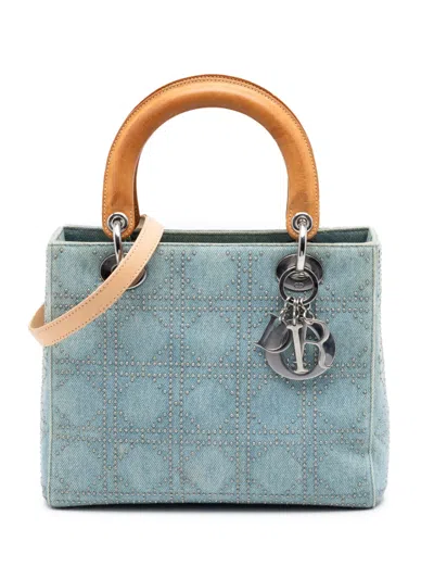 Pre-owned Dior 2003 Medium Denim Cannage Studded Lady  Satchel In Blue