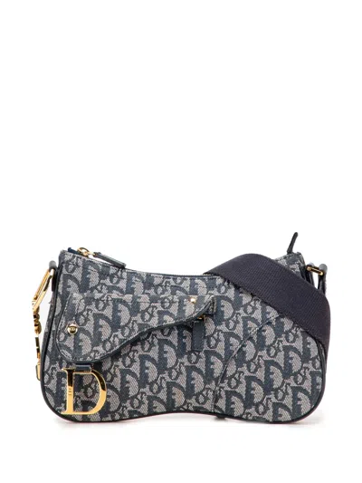 Pre-owned Dior 2004 Issimo Trotter Canvas Double Saddle Crossbody Bag In Blue