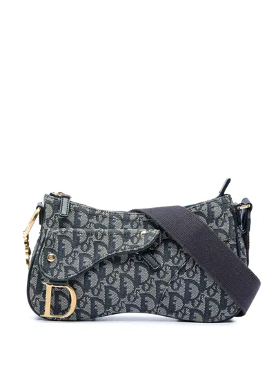 Pre-owned Dior 2004 Issimo Trotter Canvas Double Saddle Crossbody Bag In Blue