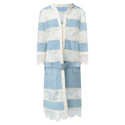 Pre-owned Dior 2005 Christian  Boutique Patchwork Denim And Lace Long Jacket In Blue